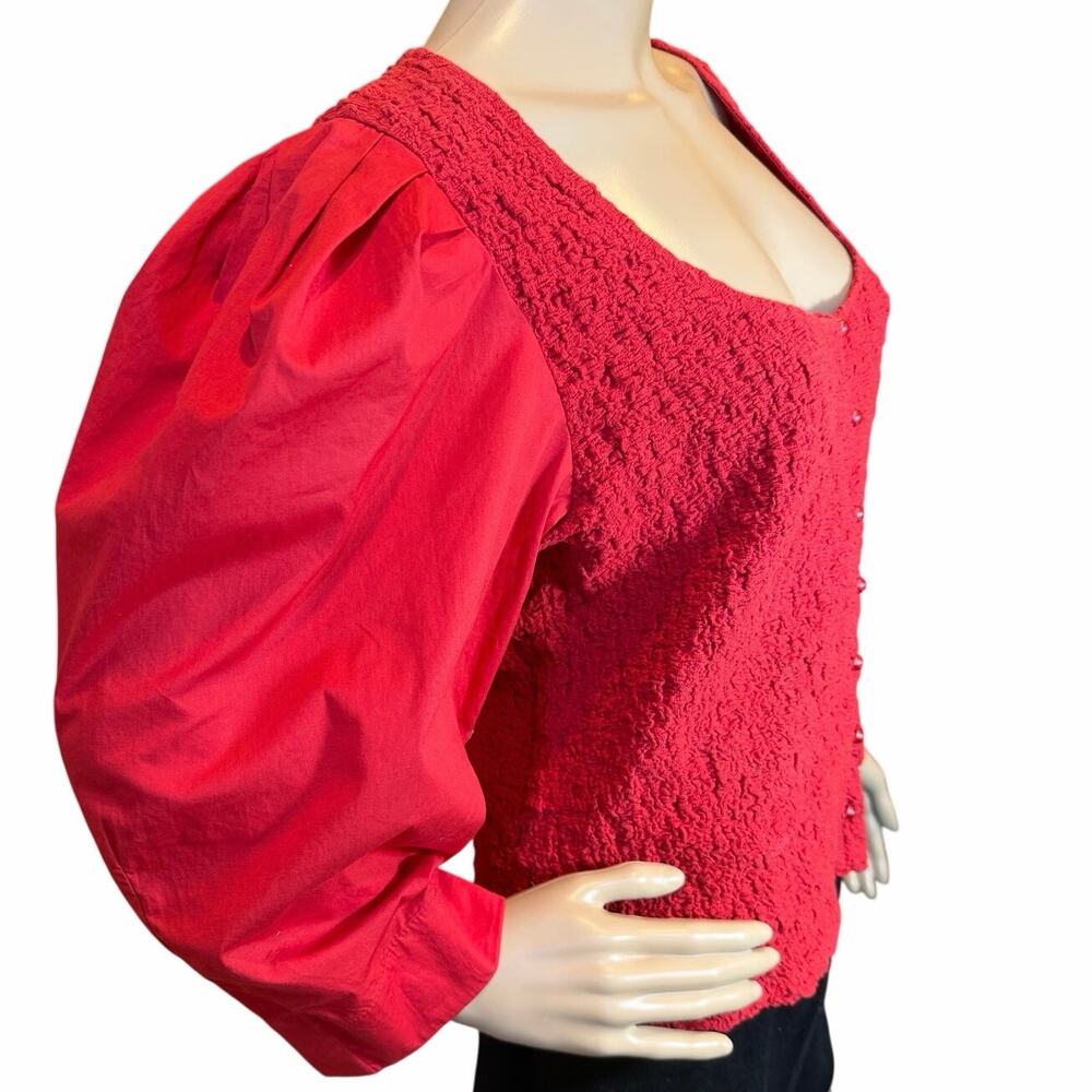 Anthropologie Red Smocked Cardigan Top Button Blouse Tagged XL Fits Like M / L - Picture 9 of 16